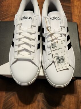 adidas Mens Grand Court 2.0 White Sneakers with Black Three-Stripes